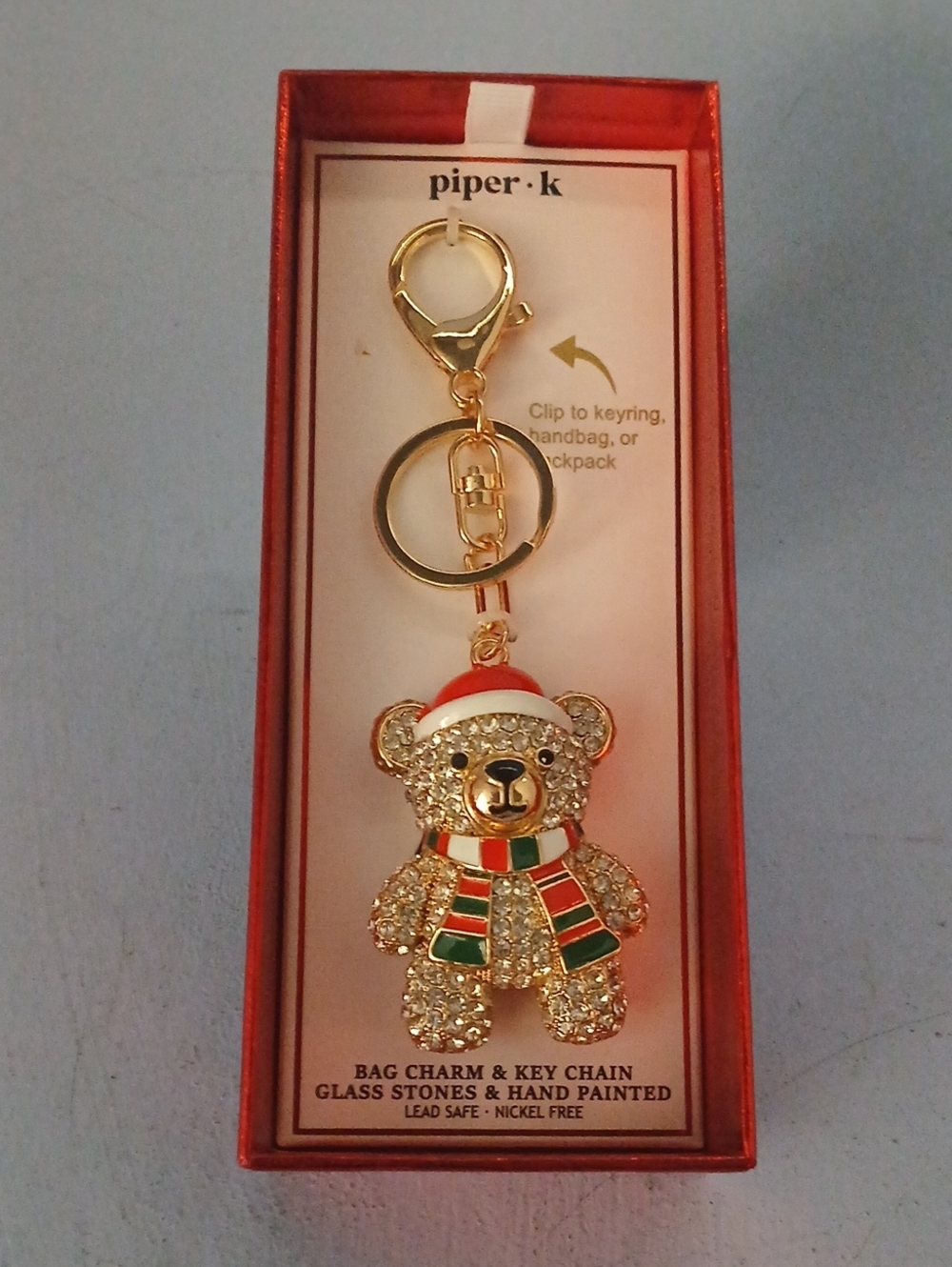 Piper K Gold Santa Teddy Bear Keychain Bag Charm - Red & Green Glittery Accents